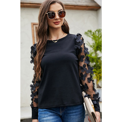 3D Floral Splicing Long Sleeves Woven Blouse