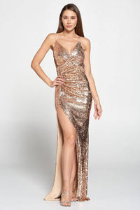 Rose Gold Sequin Wrap Front Gown w/ Slit