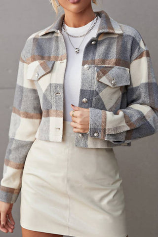 Plaid Open Button Crop Jacket