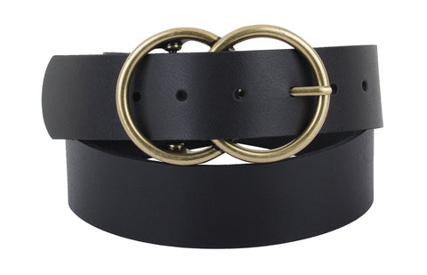 Double Circle Buckle Leather Belt: Black