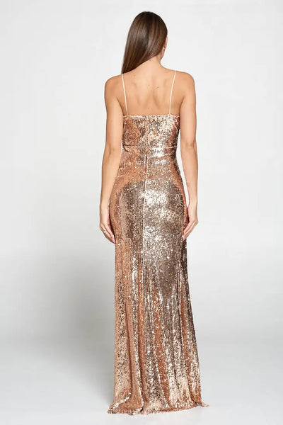 Rose Gold Sequin Wrap Front Gown w/ Slit