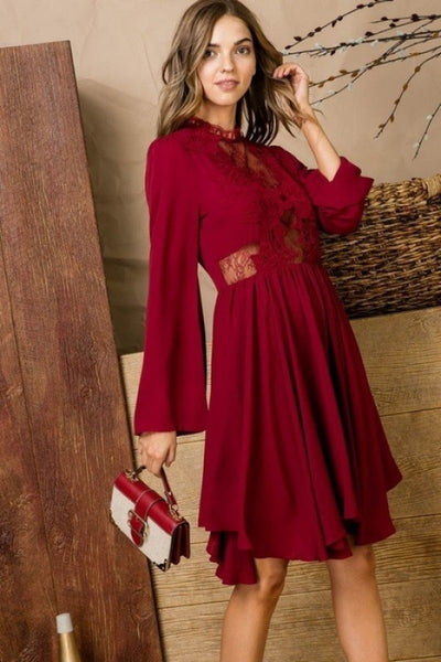 Burgundy Lace Swing Dress w/ Bell Sleeves
