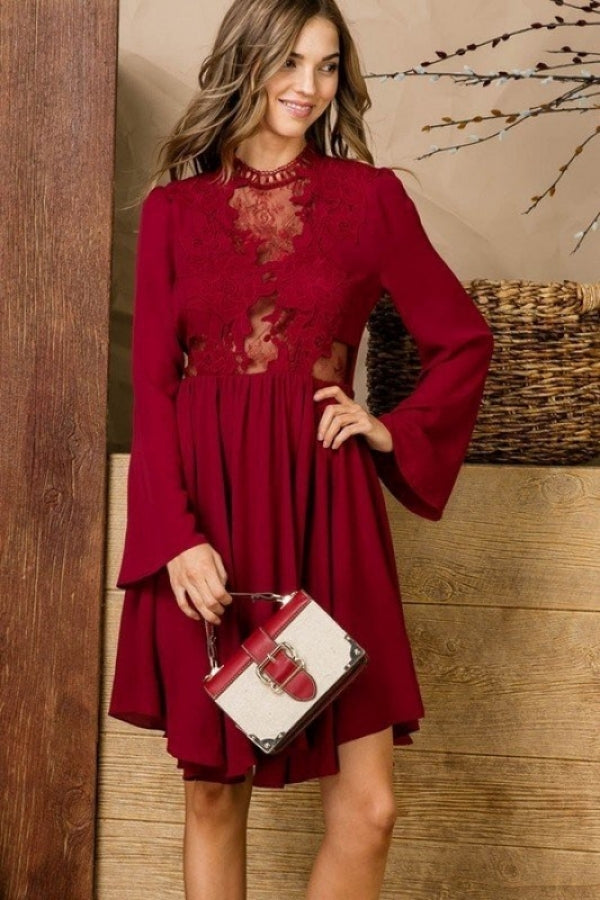 Burgundy Lace Swing Dress w/ Bell Sleeves