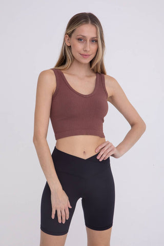 Brown Ribbed Seamless Cropped Tank Top