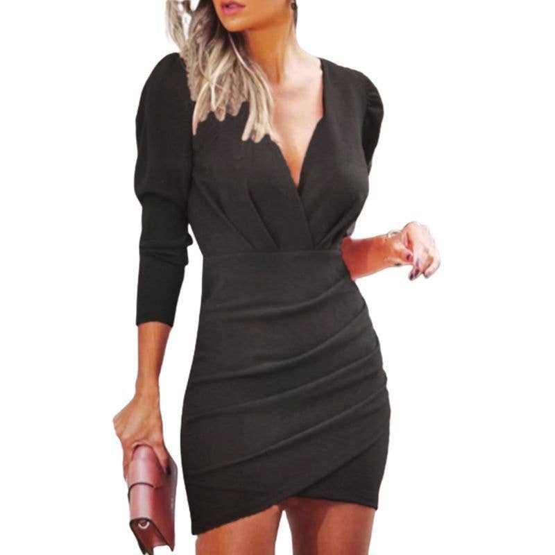 Halo and Hutch - Women's Dress Sexy V Neck Pleated Long Sleeve Bodycon Dresses Spring Elegant Slim Wrap Hips Mini Dresses Ladies Club Party Dress-Bottoms Up Boutique-Anchorage AK
