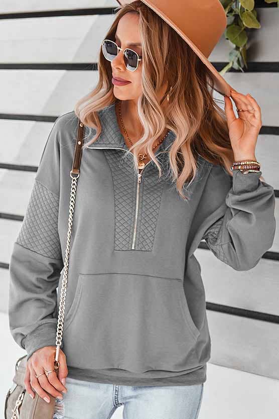 Zipper Front Knitted Grey Sweatshirt