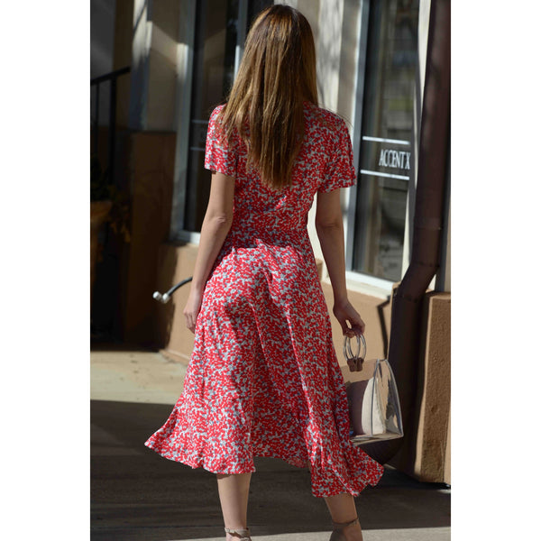 High Low V-Neck Woven Floral Midi Dress
