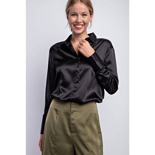 Classic Black Satin Shirt-Shirts & Tops-Bottoms Up Boutique-Anchorage AK