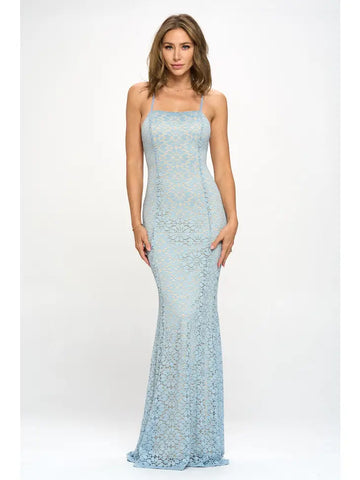 Dusty Blue Flower Lace Gown