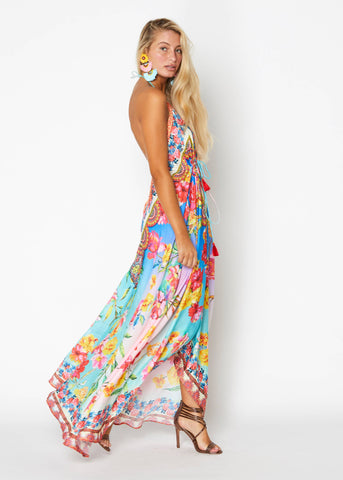 Boho Blue Multi Floral Halter Dress