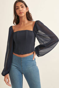 Navy Long Sleeve Corset Top