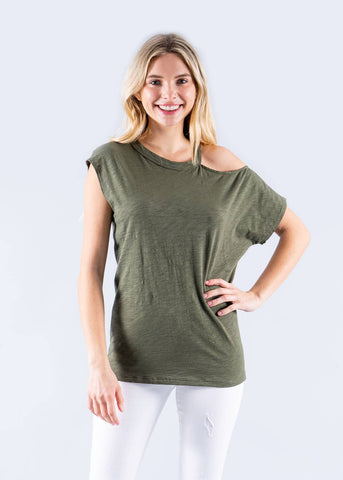 Cotton Slub One Open Shoulder Knit Top