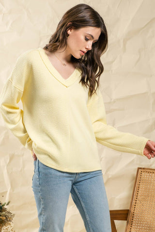 Long Sleeve V Neck Knit Sweater - Yellow