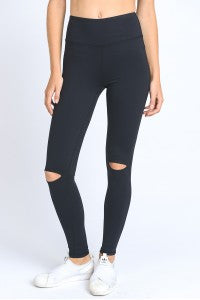 Knee Cut- Out High Waisted Leggings w/ Zip Pocket in Black