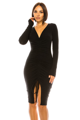 Rouched Ribbed Black Drawstring Dress