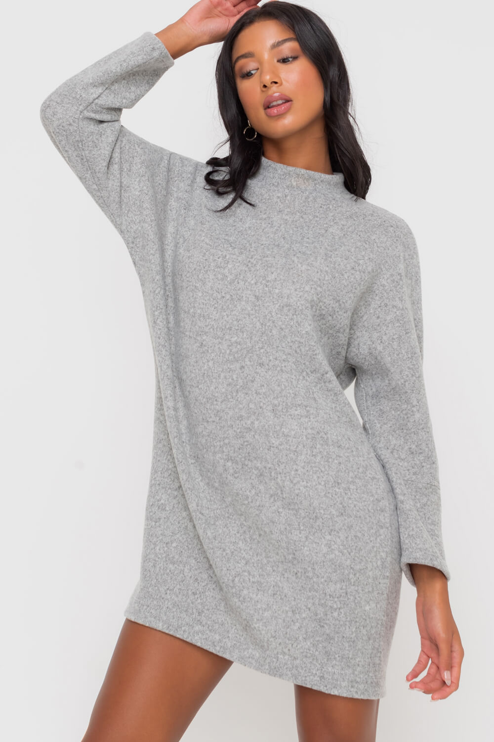 Mock Neck Dolman Dress in Grey