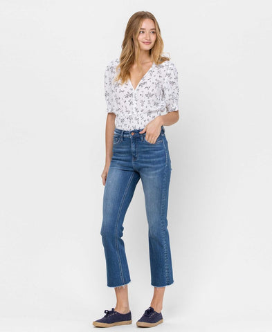 High Rise Raw Hem Crop Mini Flare Jean