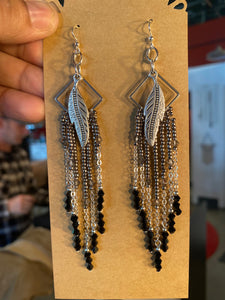 Beaded Black Crystal Chain Feather Earrings