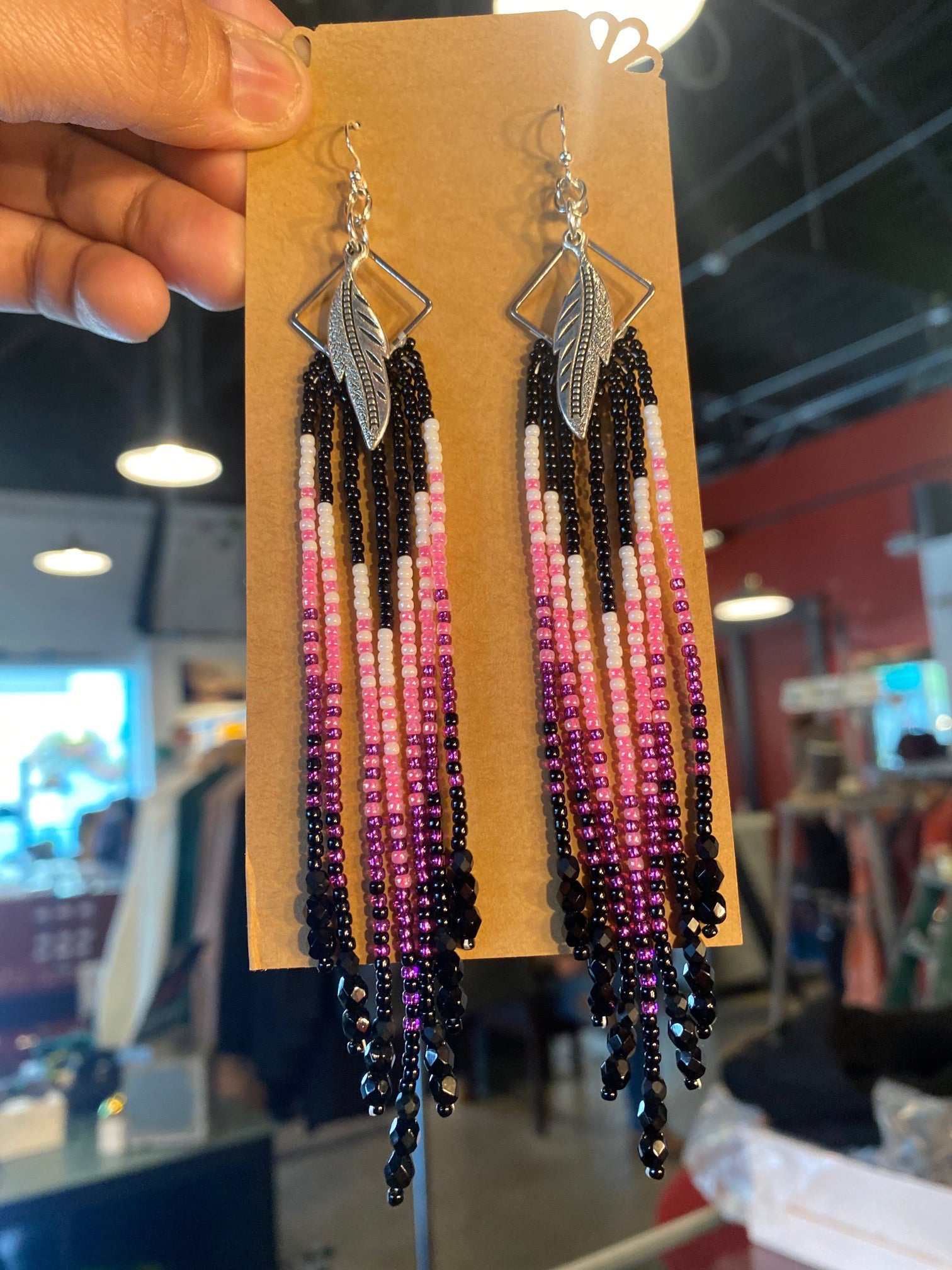 Black/White/Pink/Purple Beaded Feather Earrings