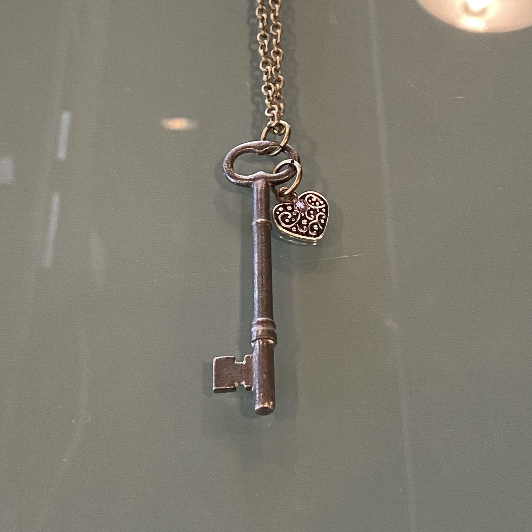 Vintage Skeleton Key and Heart Charm Necklace