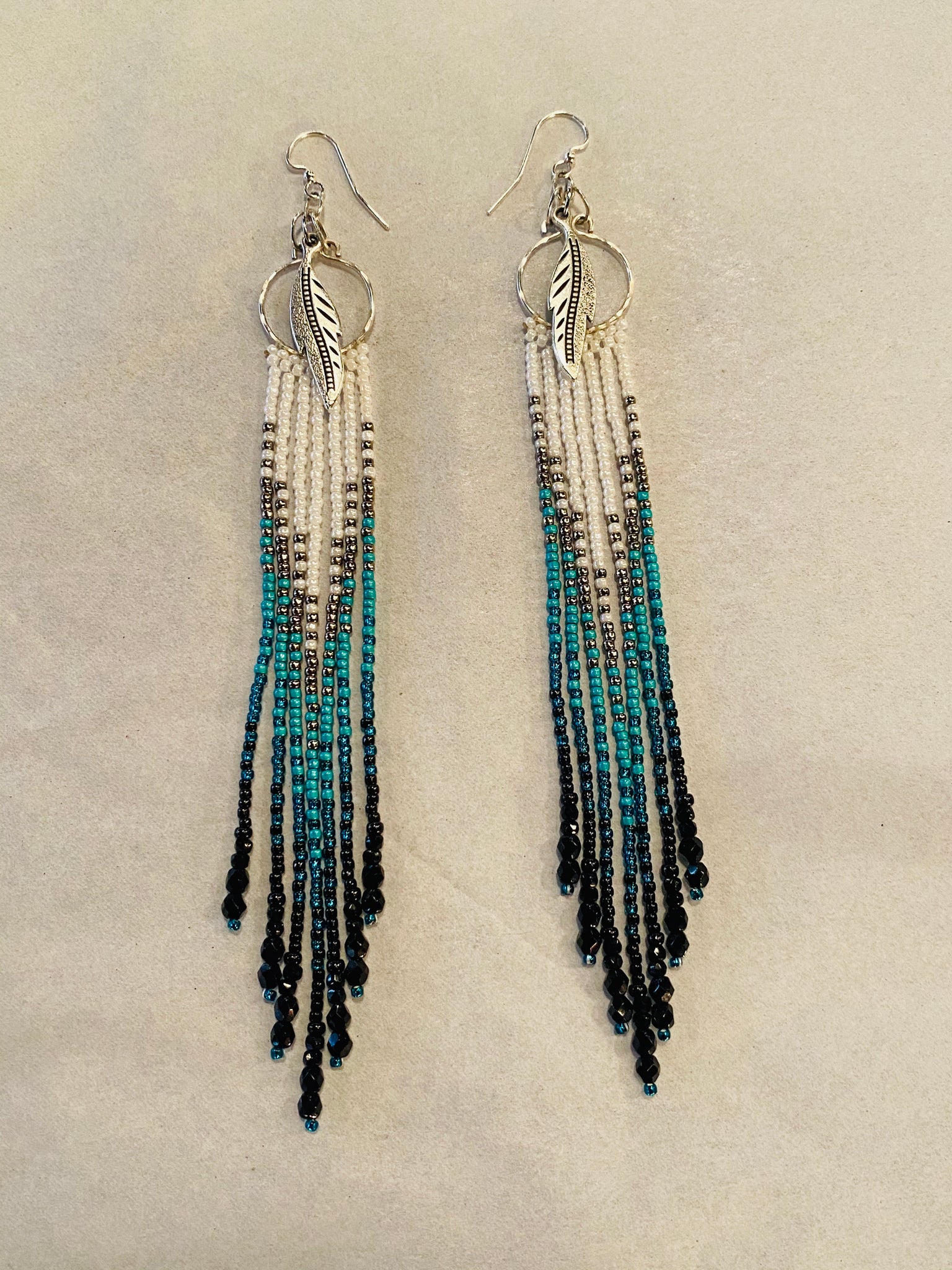 Beaded Feather Black/Blue/Silver/White Earrings