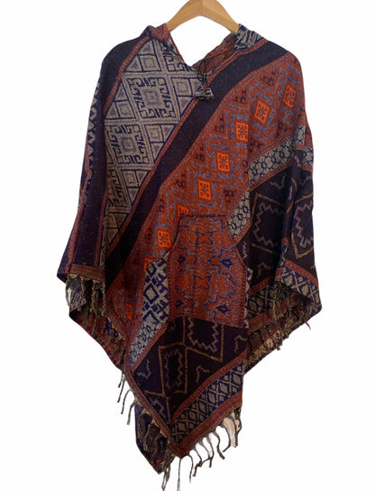 AlaskiWear Adult Blanket Poncho Long-Kimonos, Cardigans & Wraps-Orange/Blue-Bottoms Up Boutique-Anchorage AK