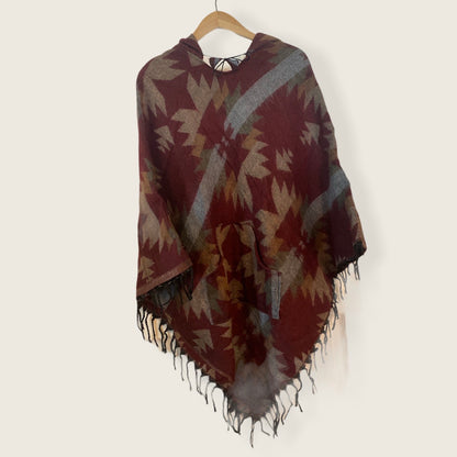 AlaskiWear Adult Blanket Poncho Long-Kimonos, Cardigans & Wraps-Burgundy/Gray-Bottoms Up Boutique-Anchorage AK