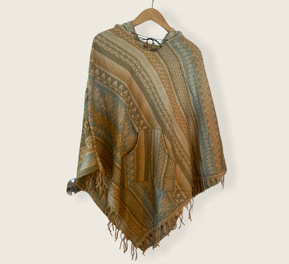 AlaskiWear Adult Blanket Poncho Long-Kimonos, Cardigans & Wraps-Beige/Blue-Bottoms Up Boutique-Anchorage AK