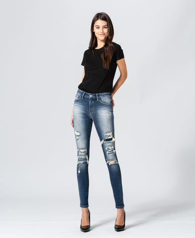 Mid Rise Distressed Ankle Skinny with Patch in Escape