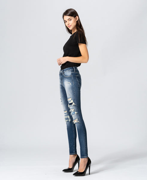Mid Rise Distressed Ankle Skinny with Patch in Escape