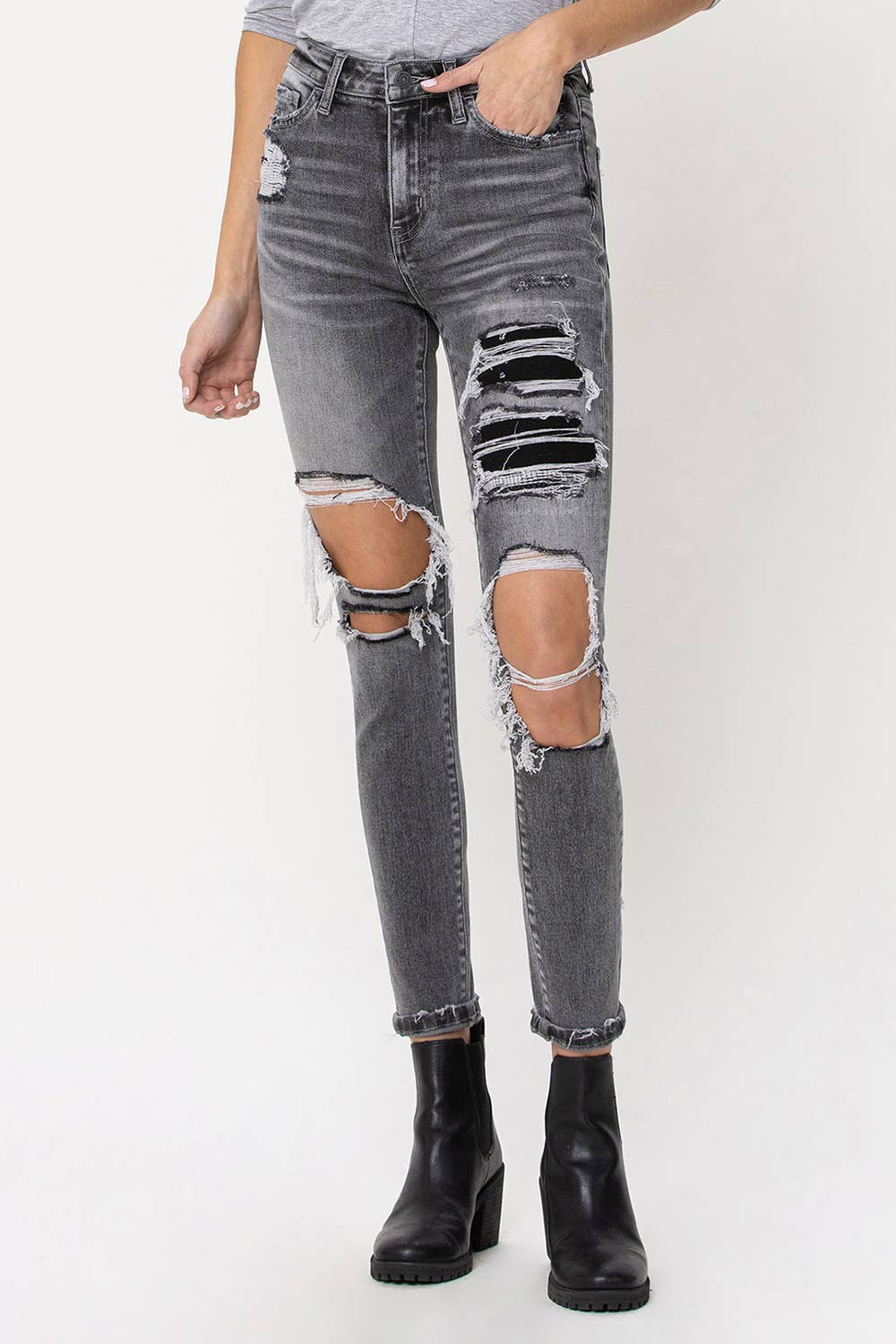 Broken Coal High Rise Skinny Ankle W/ Patch Detail