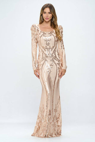 Long Sleeve Champagne Sequin Gown