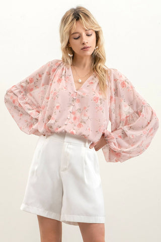 Floral V Neck Button Up Blouse - Pink