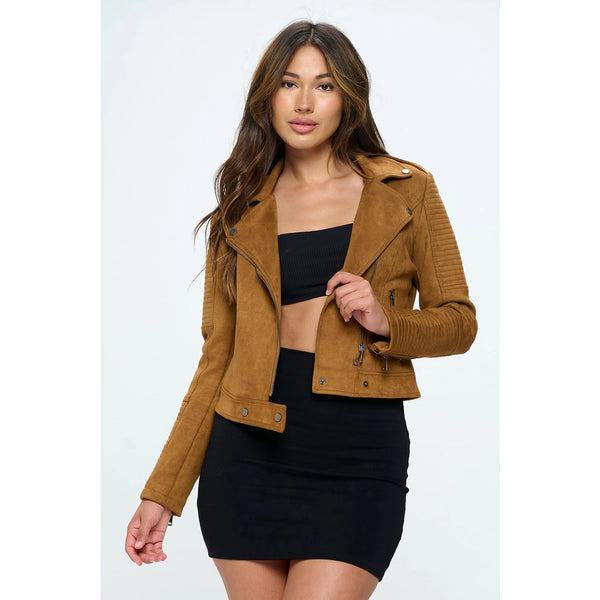 Tan Vegan Suede Biker Jacket