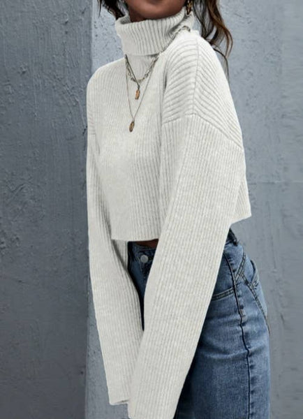 White Rolled Neck Drop Shoulder Crop Sweater