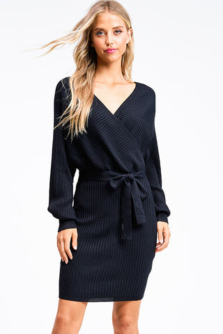 Dolman Ribbed Wrap Sweater Dress in Black