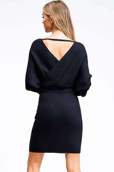 Dolman Ribbed Wrap Sweater Dress in Black