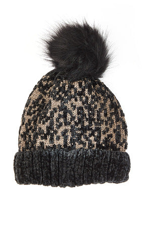Black/ Gold Chenille Pompom Beanie-Hat-Bottoms Up Boutique-Anchorage AK