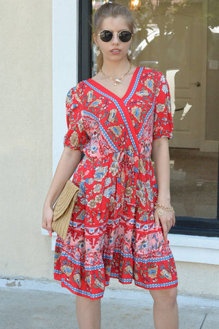 Red Floral Print Midi Dress