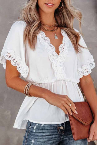 Lace Neckline Short Sleeve Ruffled Blouse