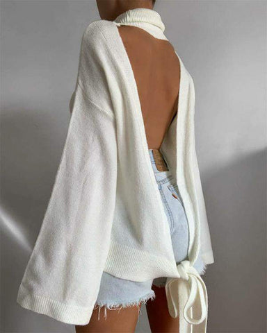 White Open Back Turtleneck Sweater