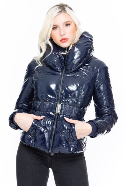 Cushion The Blow - Navy Quilted Shiny Puffer Jacket