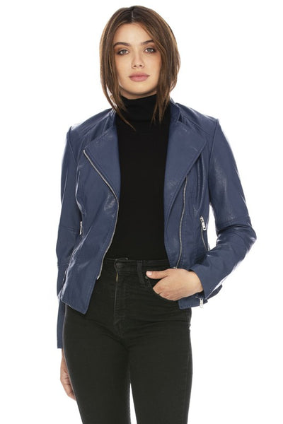 Blue Vegan Leather Moto Jacket