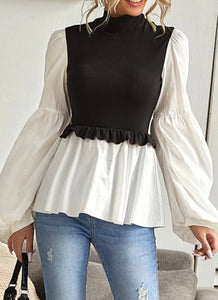 Mock Neck Lantern Sleeve Peplum Top