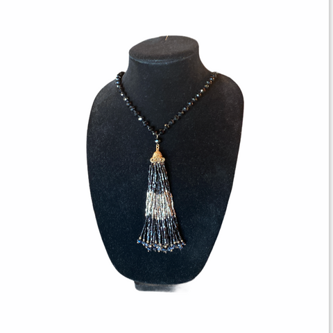 Black Beaded Tassel Necklace