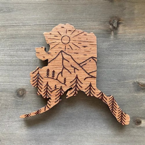 Alaska Mountain Scene Engraved Wood Magnet