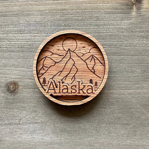 Round Type Alaska Mountain Scene Engraved Wood Magnet