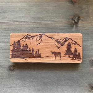 Alaska Mountain Moose Scene Engraved Wood Magnet