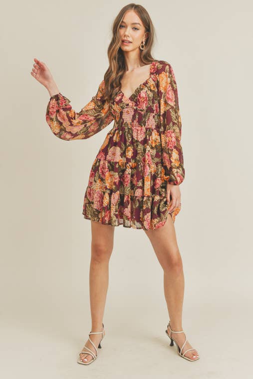 Floral Plunge Neck Mini Dress