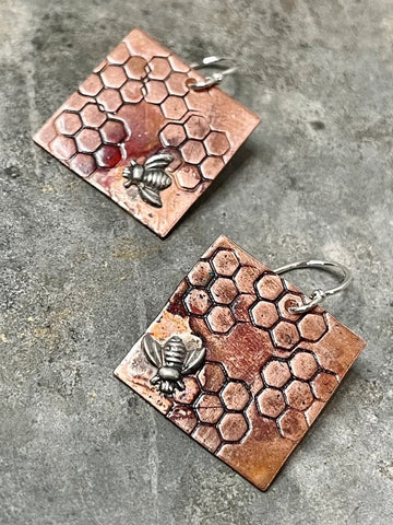 Stamped Copper Honeycomb with Sterling Bee Square Earrings